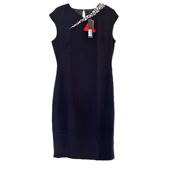 $159 London Dress Embellished Neck Bodycon Sheath 10 Large Black Jewel Shoulder - Picture 7 of 16